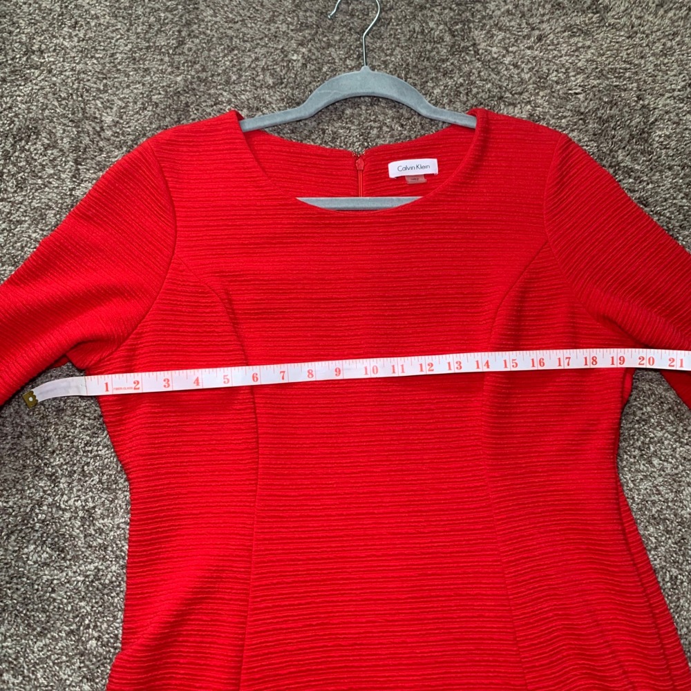 Calvin Klein Womens Red Ribbed Fit and Flare 3/4 Sleeve Dress CDJ00343 Size 14 - Picture 9 of 11